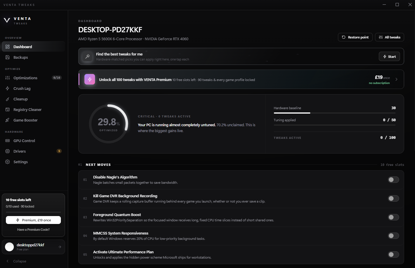 VENTA Tweaks Dashboard